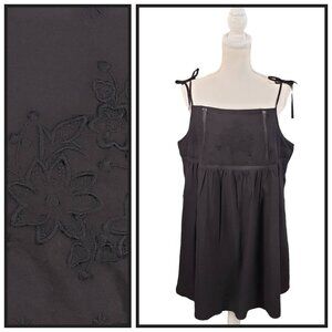 Black Embroidered Tie Strap Babydoll Dress XL Boho